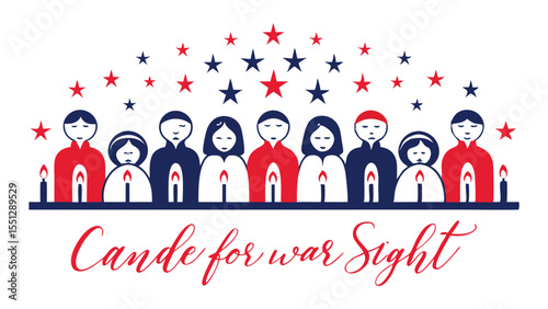 Candle for War Sight Illustration with Red White Blue Stars Group of People Patriotic Memorial