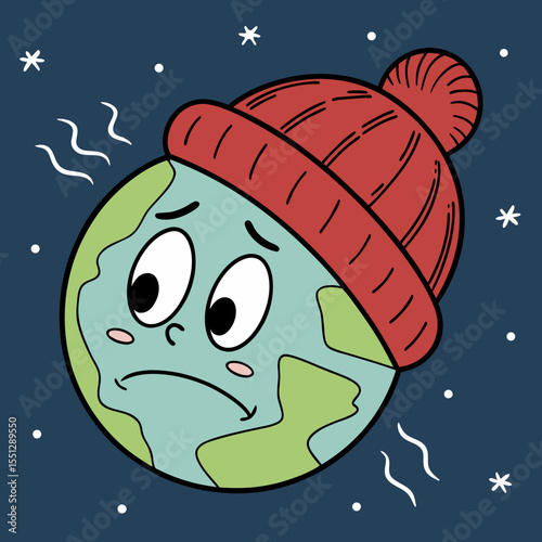 A Cartoon Earth Feeling the Cold Snap, Wearing a Winter Hat on Snowy Night