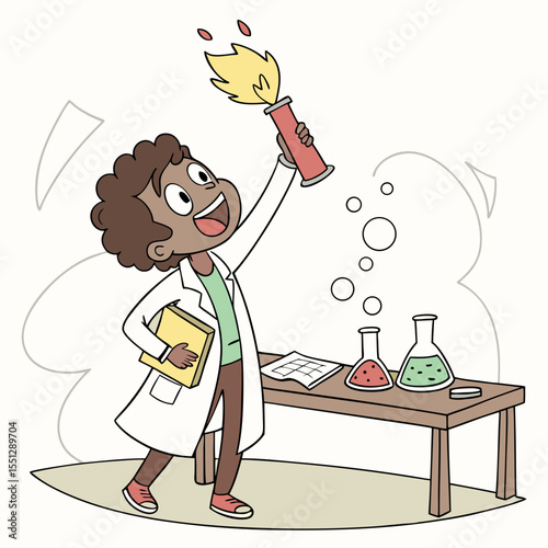 Excited young student scientist conducting a fiery experiment in the laboratory