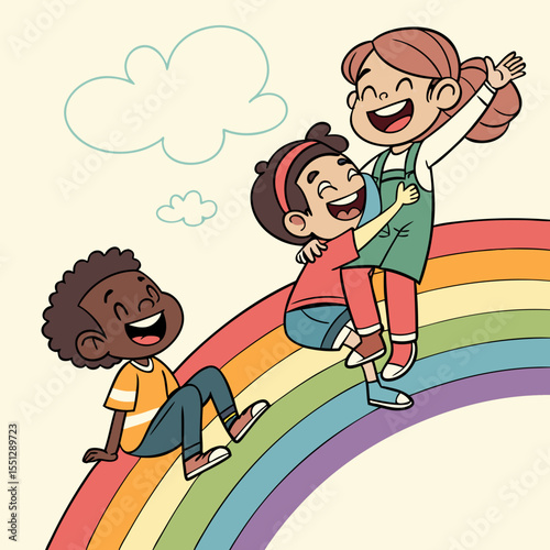 Joyful children sliding down a vibrant rainbow illustration representing childhood