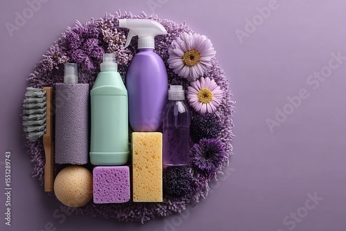 Vibrant arrangement of cleaning supplies nestled among beautiful purple blossoms celebrating springtime freshness and a cheerful home