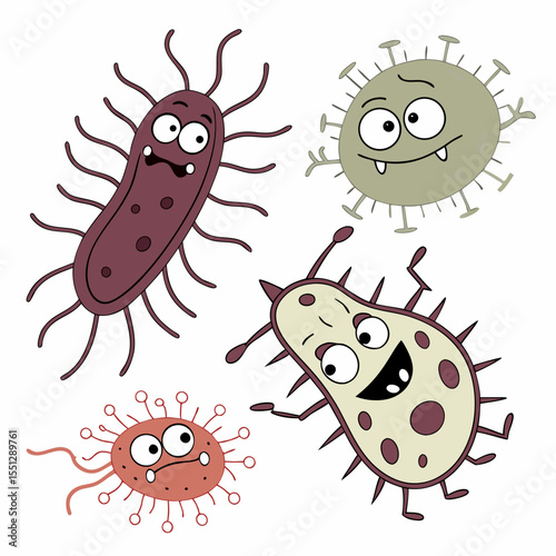 Whimsical collection of cartoon germ illustrations against a clean white backdrop