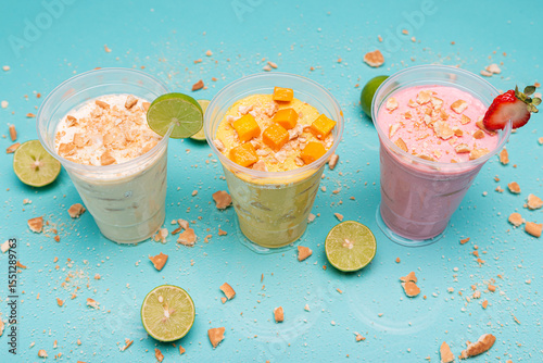 Strawberry, mango and lemon charlotte in plastic cups on light blue background photo