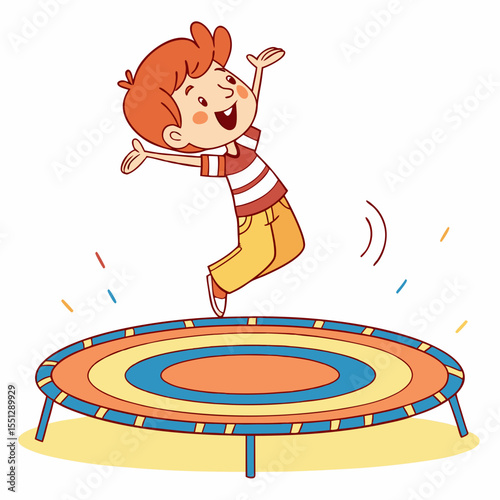 Energetic boy leaps on trampoline, embodying carefree joy and vibrant activity
