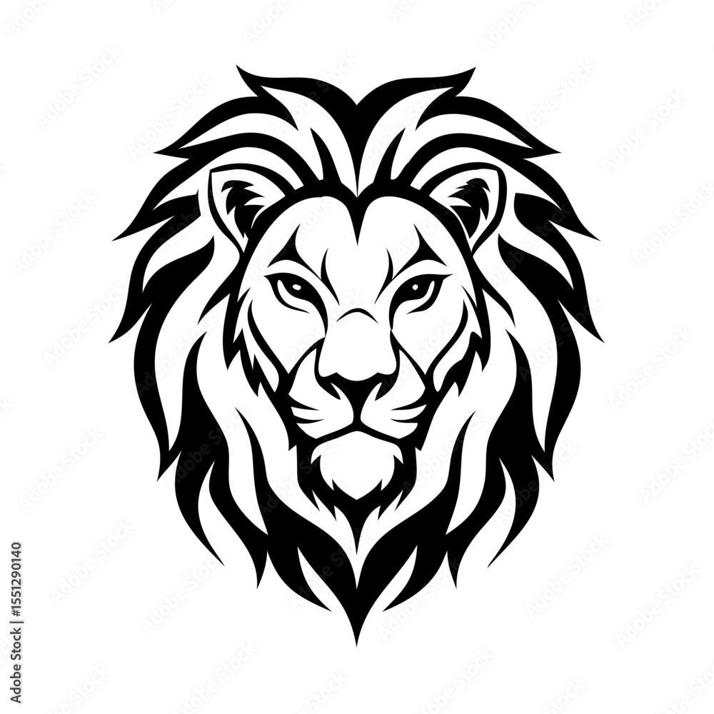 Fototapeta premium Bold Tribal Lion Head Logo Design – Fierce Black and White Vector Illustration | Majestic King of Jungle Tattoo Style Artwork for Branding, Shirts, Stickers