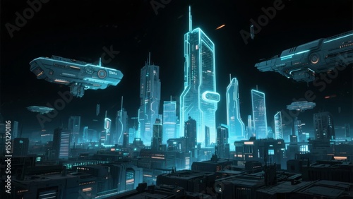 Futuristic Cityscape with Hovering Vehicles and Neon-Lit Skyscrapers