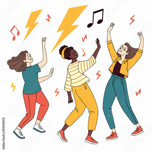 Diverse group of women celebrating with music and energy in a dynamic scene