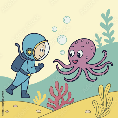 Cartoon astronaut meeting a friendly octopus underwater, exploration illustration