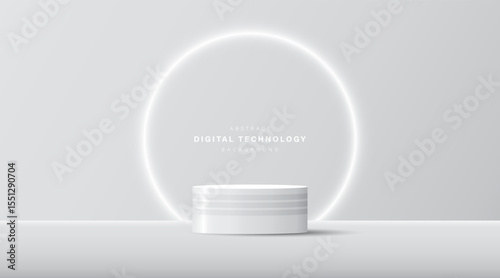 3D product display stand. White geometric platform on grey technology background. Abstract geometric shapes in a simple design. Fashion stage mockup scene. Studio product display. Hi tech digital
