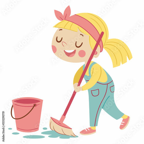 Cheerful cartoon girl mopping, illustrating home care, cleanliness, and happy chores