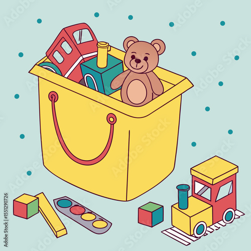 Vibrant toy bin overflowing with colorful playthings showcasing childhood joy