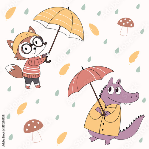 Whimsical Rainy Day Friends: Fox and Crocodile Under Umbrellas in Light Rainfall