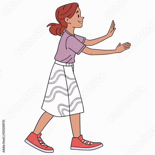 Animated young woman pushing against an invisible barrier with positive expression
