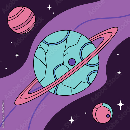 Stylized cosmic landscape featuring planets and stars in pastel shades artwork