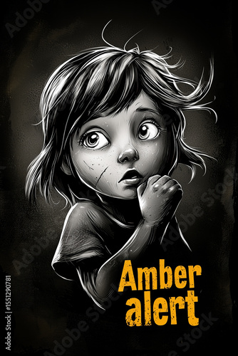 A black and white illustration of a scared child's portrait, with the words Amber Alert in yellow.