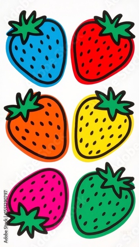 Six strawberries in various colors including blue, red, orange, yellow, pink, and green.