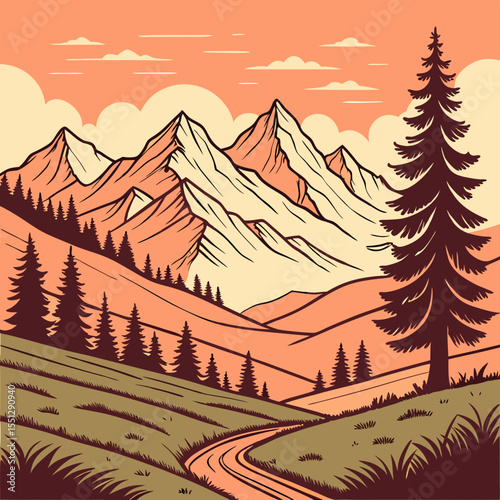 Serene landscape illustration featuring imposing mountains, winding pathway, and majestic pines