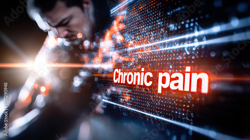 A futuristic visualization of Chronic Pain with a man suffering in an abstract neural network environment.