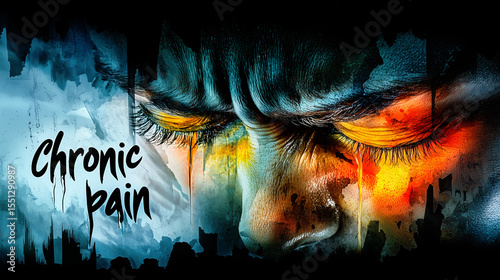 An artistic portrait of a face crying tears of fire, symbolizing the agony of Chronic Pain.