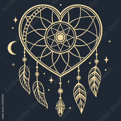 Bohemian heart-shaped dream catcher with celestial elements illustration