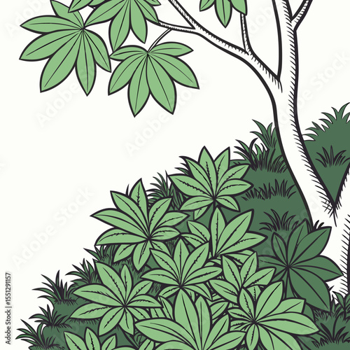 Whimsical botanical illustration depicting a stylized tree and lush foliage