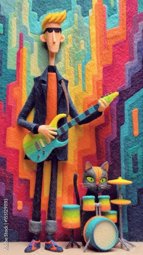 Looped generated video. A music band plays music	