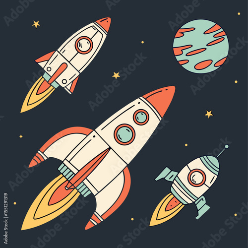 Whimsical cosmic adventure: hand-drawn rockets amidst a starry galaxy scene