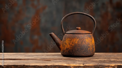A rustic, rusty teapot sits elegantly on an aged wooden table, portraying the charm of nostalgia and simplicity that captures the essence of traditional tea-drinking moments.