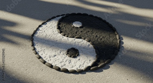 Peaceful Harmony A Yin Yang Symbol Created with Pebbles and Textured Sand