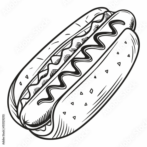 Detailed monochrome depiction of a hot dog with mustard in a textured drawing