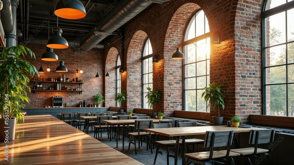 Fototapeta premium Rustic industrial cafe interior with brick walls and warm lighting