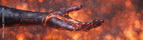 A hand reaching out amidst flowing lava, symbolizing resilience and human struggle.