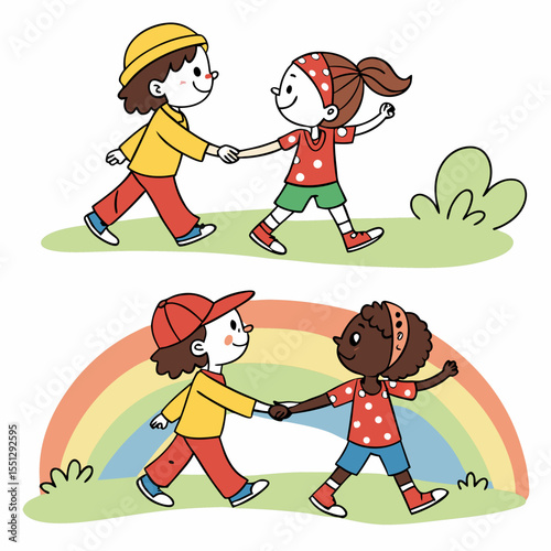 Doodle art featuring diverse children holding hands, promoting unity and harmony