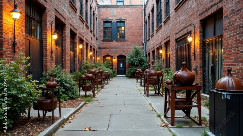 Fototapeta premium Rustic urban alleyway with vintage decor and brick architecture at dusk
