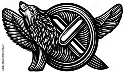 Stylized wolf head with wings and a wheel design in black and white illustration style art