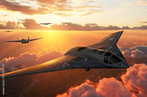 Sunset Flight of Stealth Bombers and Fighter Jets