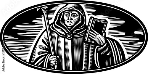 Illustration of a hooded figure holding a book and staff inside an oval frame with clouds design