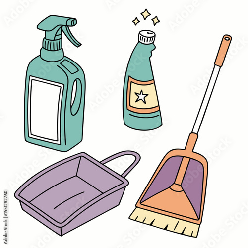 Doodle-style cleaning equipment for chores in home sanitation illustration