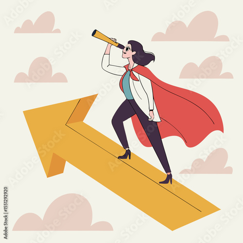Woman with telescope riding upwards arrow: Visionary leadership and progression