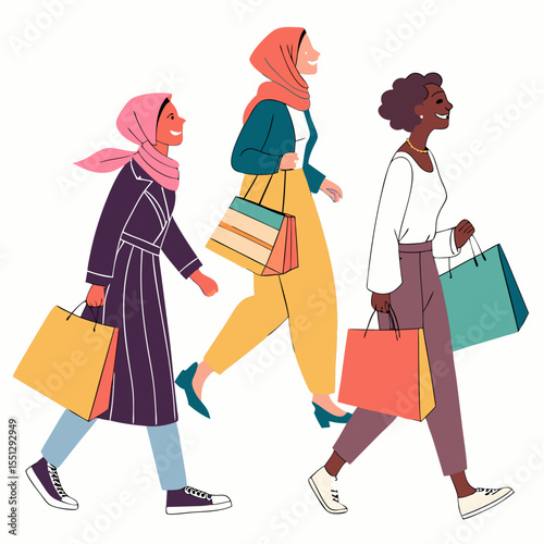 Diverse women enjoying retail therapy with colorful shopping bags in hand