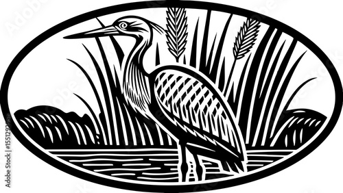 Illustration of a heron standing in water surrounded by reeds in an oval black and white design
