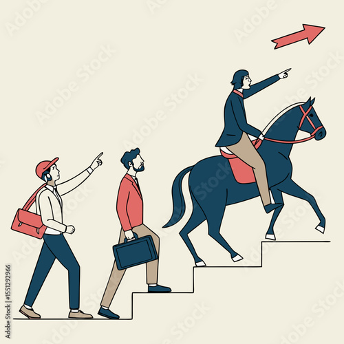 Progression towards achievement: Diverse figures ascend towards a directional marker