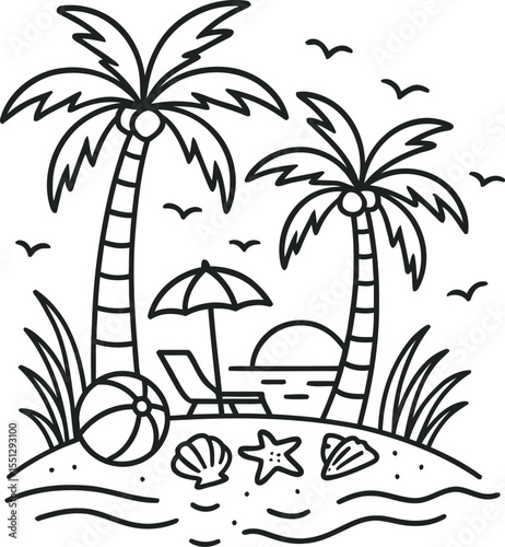 Line Art of Beach with Palm Trees, Umbrella, and Chair