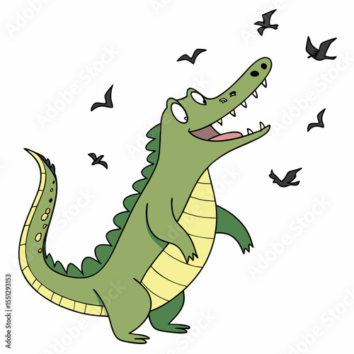 Whimsical Alligator's Bird-Filled Day: An Animated Encounter in Pale Green Hue