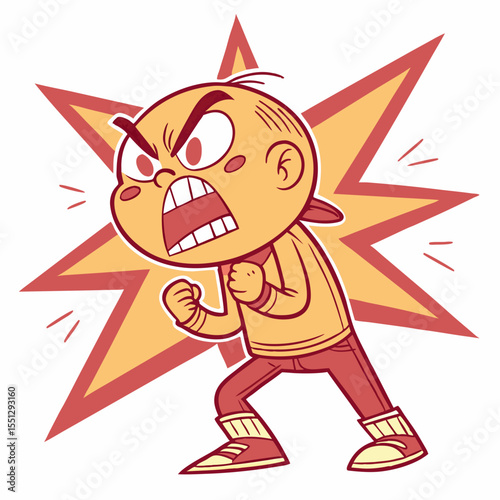 Cartoon character radiating furious energy with a stylized explosive background