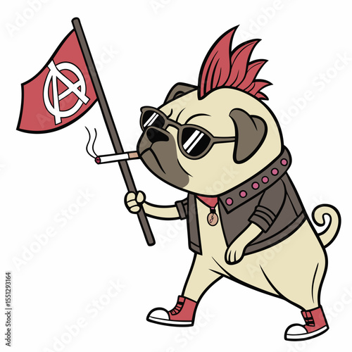 Rebellious pug with mohawk and anarchy flag embodying unconventional expressions