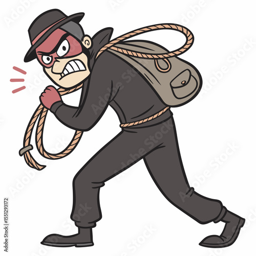 Cartoon illustration depicting a sly thief sneaking away with a bag of loot