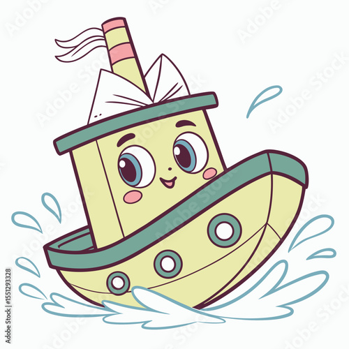 Cartoonic animated tugboat bobbing on water surface in whimsical style
