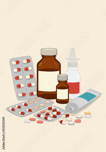 medicine bottle and pills