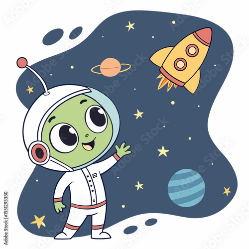 Animated space traveler embarks on cosmic adventures with a cheerful demeanor